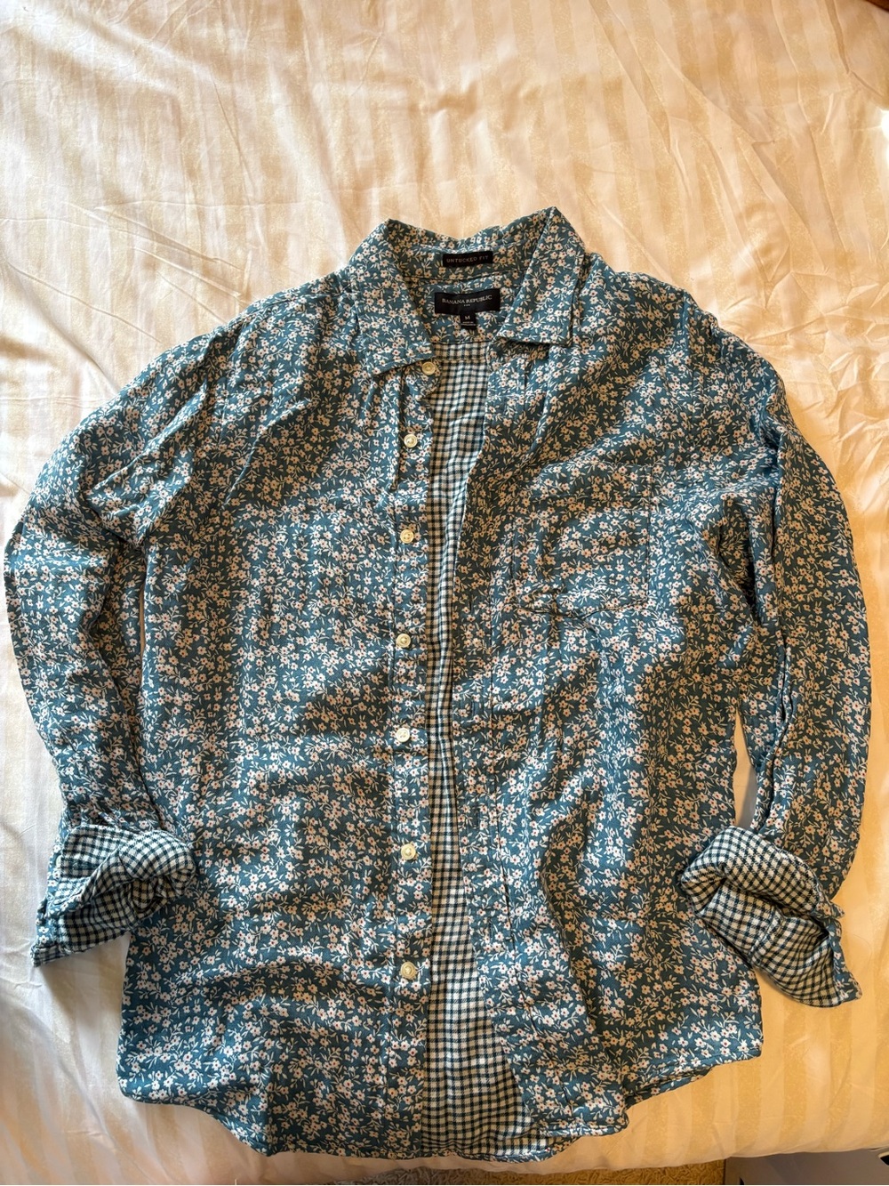 Banana Republic Teal Blue Floral Button-Down Shirt